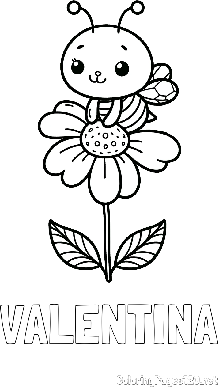 VALENTINA Coloring Page and Coloring Page of a Cute Bee on a Flower