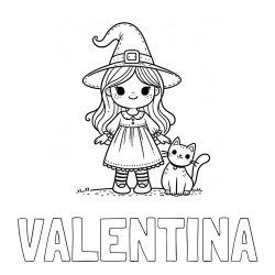 VALENTINA Coloring Page and Wonderful Coloring Page of a Cute Witch and a Smiling Cat