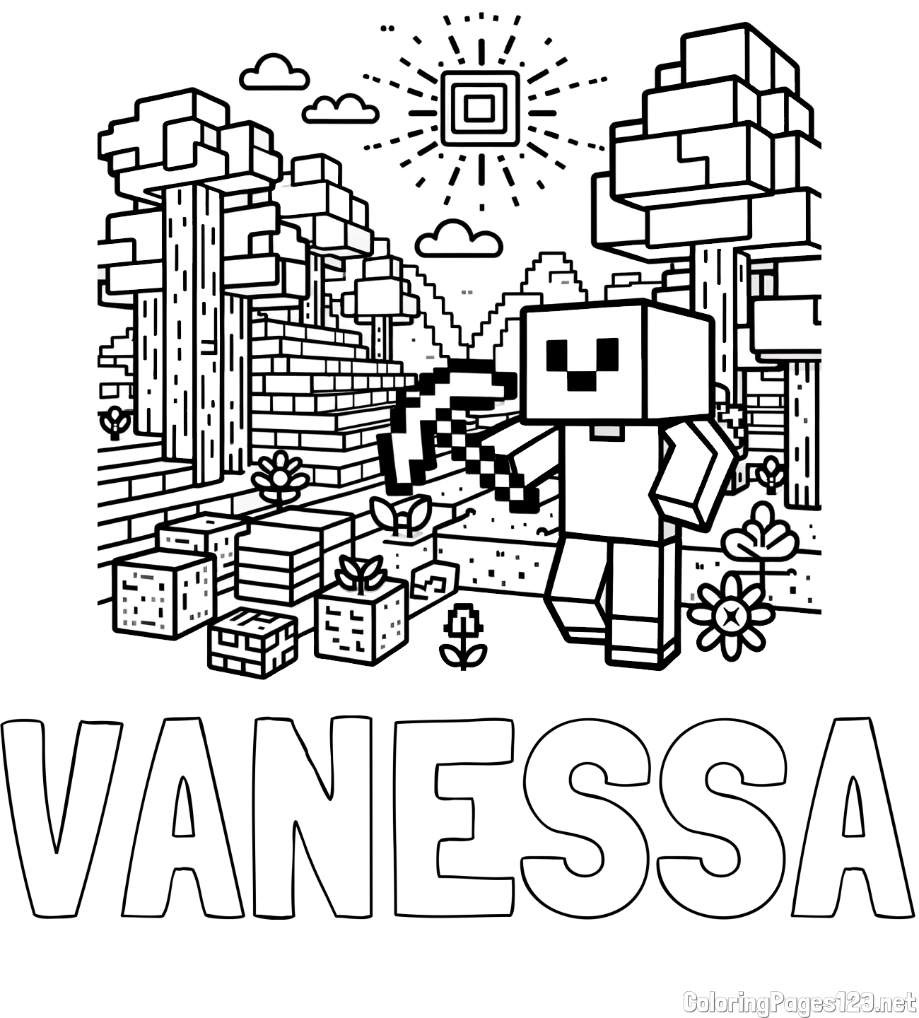 VANESSA Coloring Page and Minecraft World Coloring Page