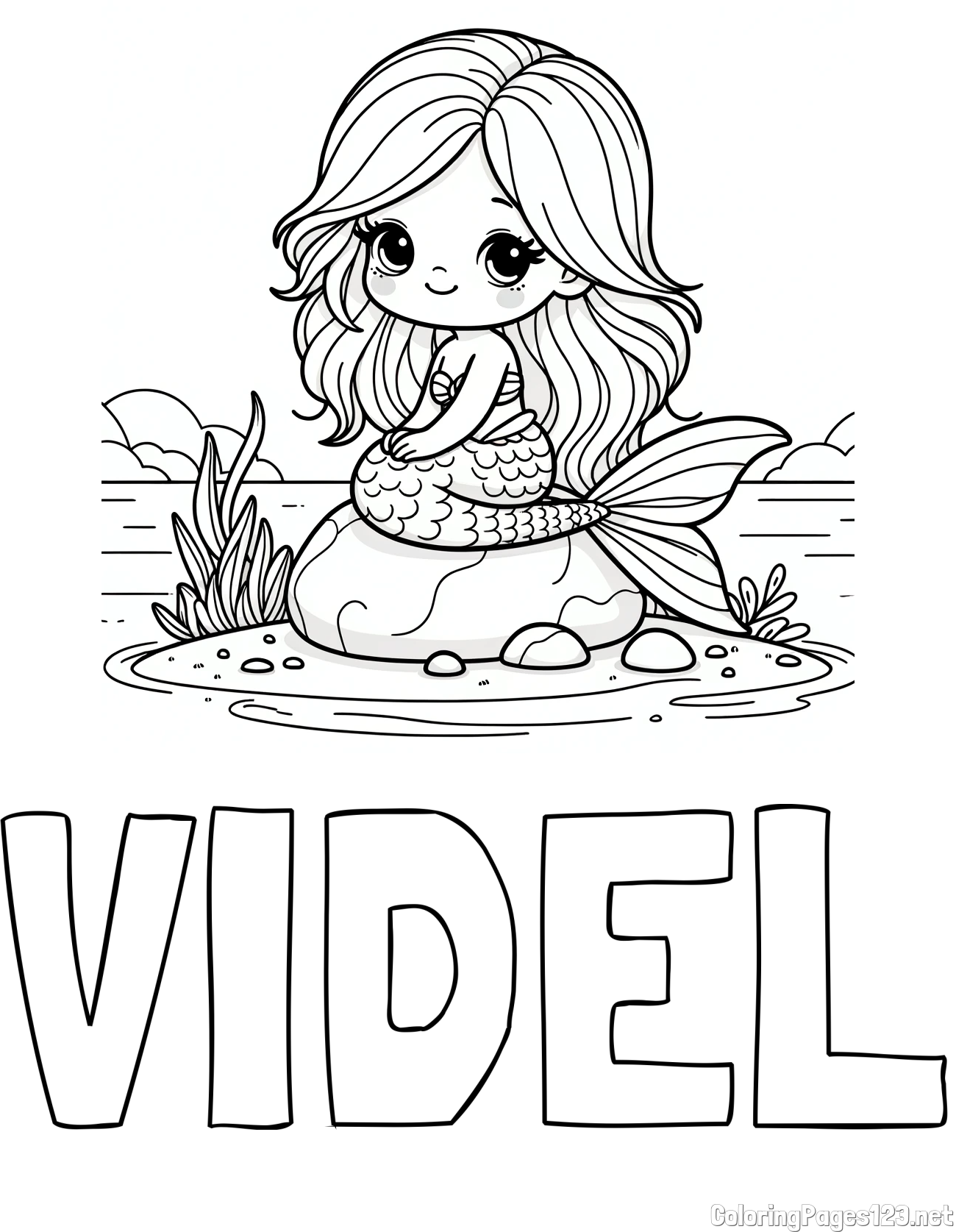 VIDEL Coloring Page and Coloring Page of a Cute Mermaid Sitting on a Stone