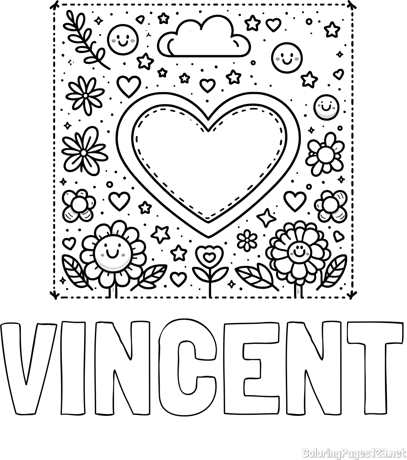 VINCENT Coloring Page and Free Printable Coloring Page of Heart and Flowers