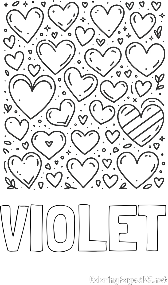 VIOLET Coloring Page and Children's Coloring Page of Many Hearts