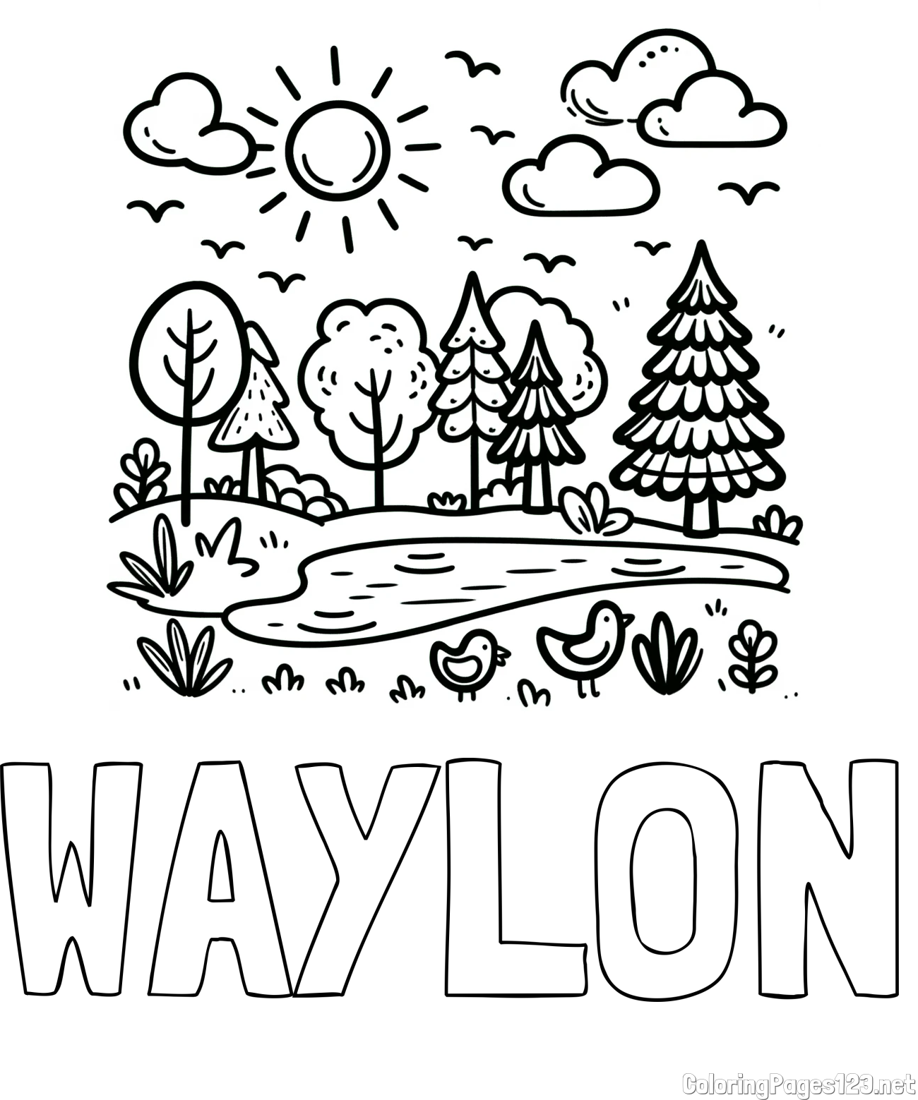 WAYLON Coloring Page and Summer Coloring Page - Pond, Ducks and Forest