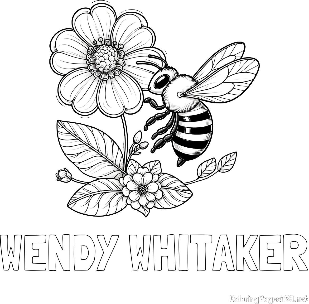 WENDY WHITAKER Coloring Page and Children's Coloring Book of a Little Bee and Flowers