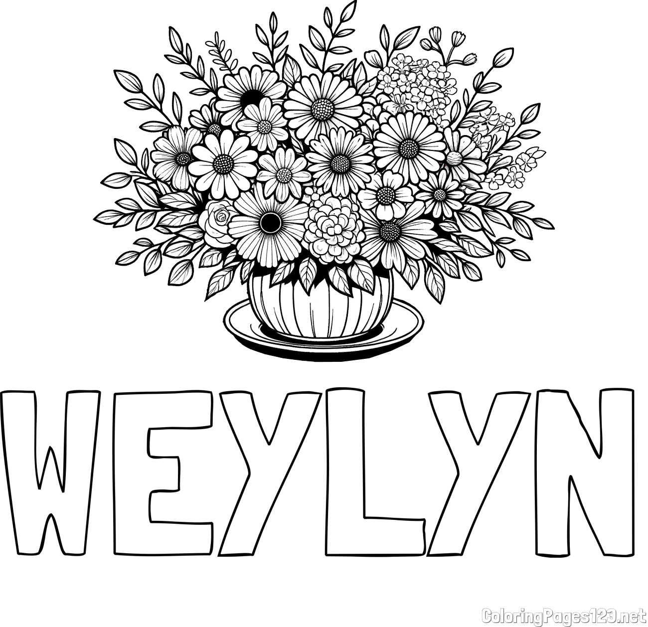 WEYLYN Coloring Page and Beautiful Bouquet of Flowers Coloring Page