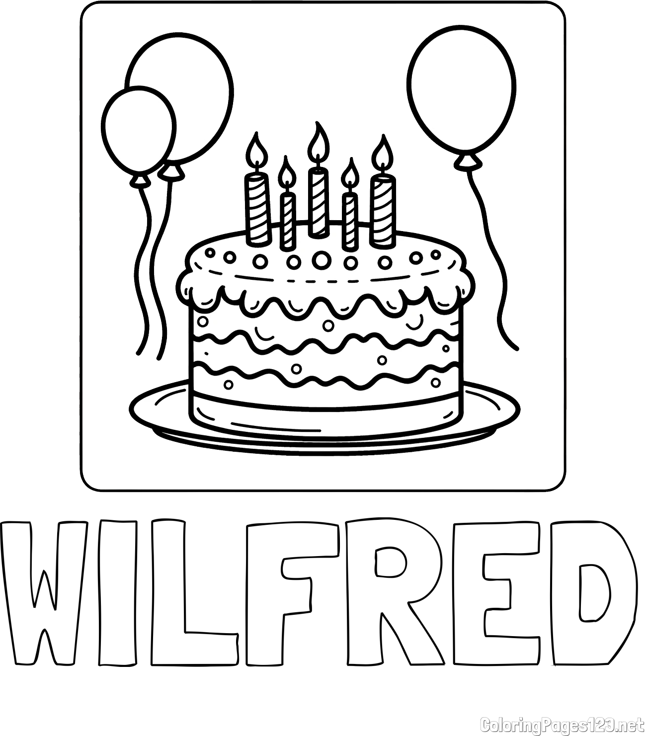 WILFRED Coloring Page and 5th Birthday Cake Coloring Page