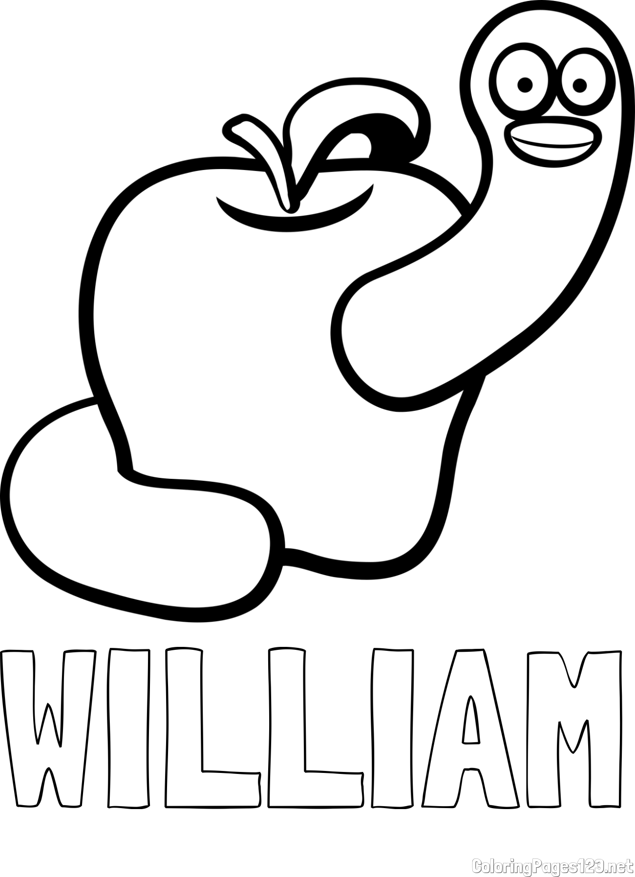 WILLIAM Coloring Page and Apple and Smiling Worm Coloring Page