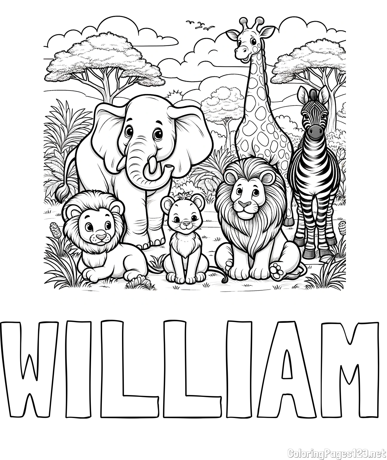 WILLIAM Coloring Page and Beautiful Animal Coloring Page - Lion Family, Elephant, Giraffe, and Zebra