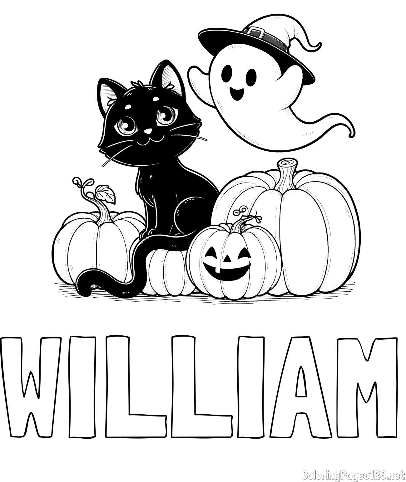 WILLIAM Coloring Page and Halloween Pumpkin Coloring Page for Kids - Happy Cat, Ghost, and Pumpkins