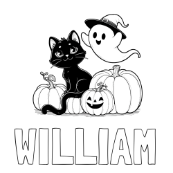 Online Created Coloring Page - WILLIAM Coloring Page and Halloween Pumpkin Coloring Page for Kids - Happy Cat, Ghost, and Pumpkins