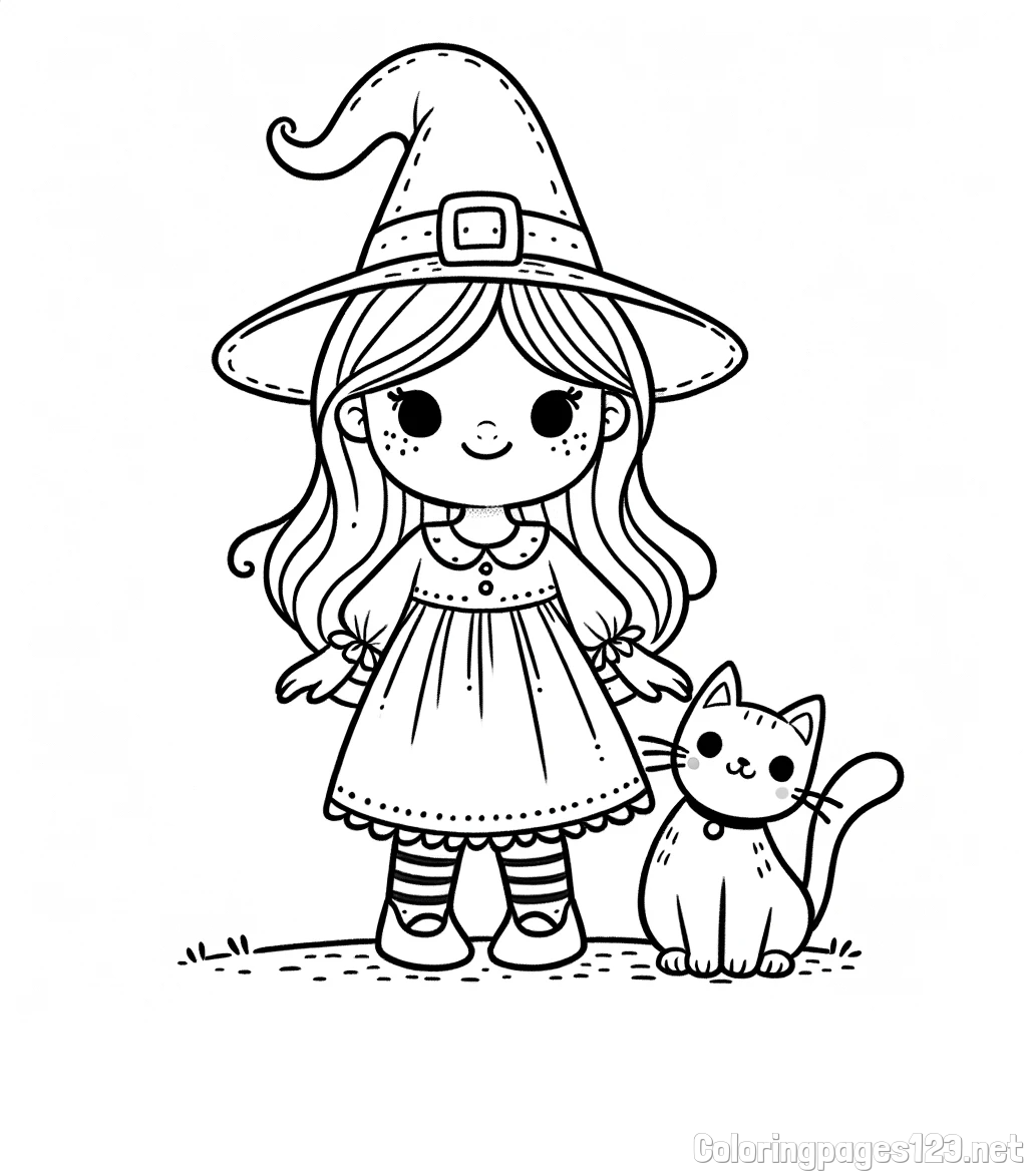 Wonderful Coloring Page of a Cute Witch and a Smiling Cat