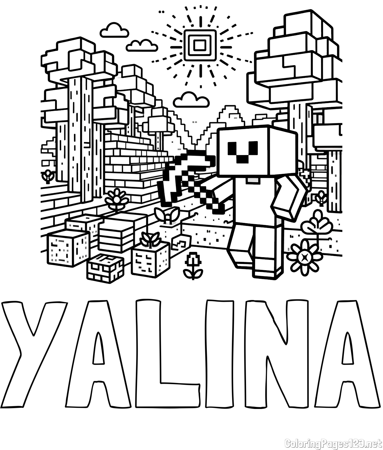 YALINA Coloring Page and Minecraft World Coloring Page