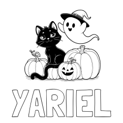 Online Created Coloring Page - YARIEL Coloring Page and Halloween Pumpkin Coloring Page for Kids - Happy Cat, Ghost, and Pumpkins