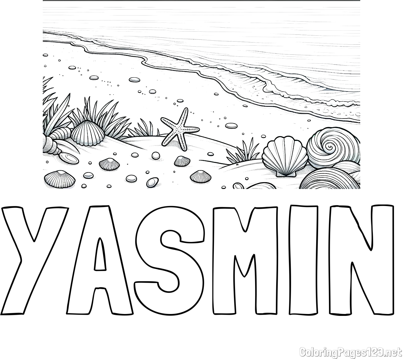 YASMIN Coloring Page and Beautiful Seashore Coloring Page