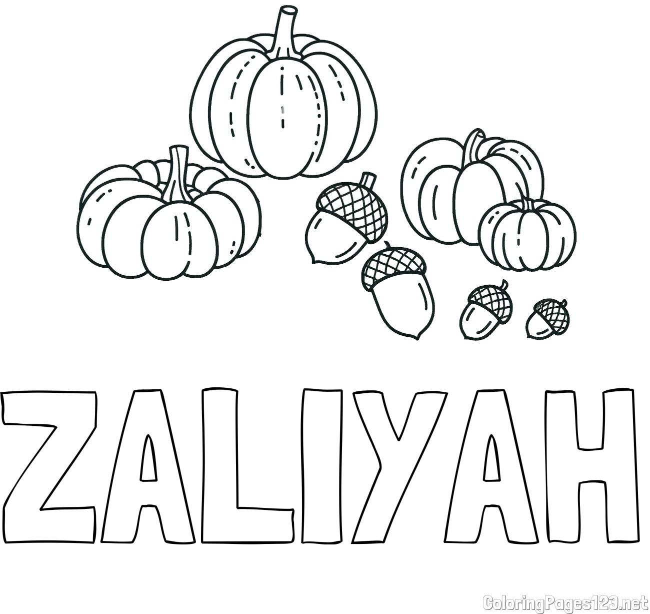 ZALIYAH Coloring Page and Autumn Harvest Coloring Page - Acorns and Pumpkins