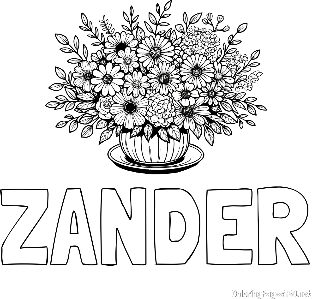 ZANDER Coloring Page and Beautiful Bouquet of Flowers Coloring Page
