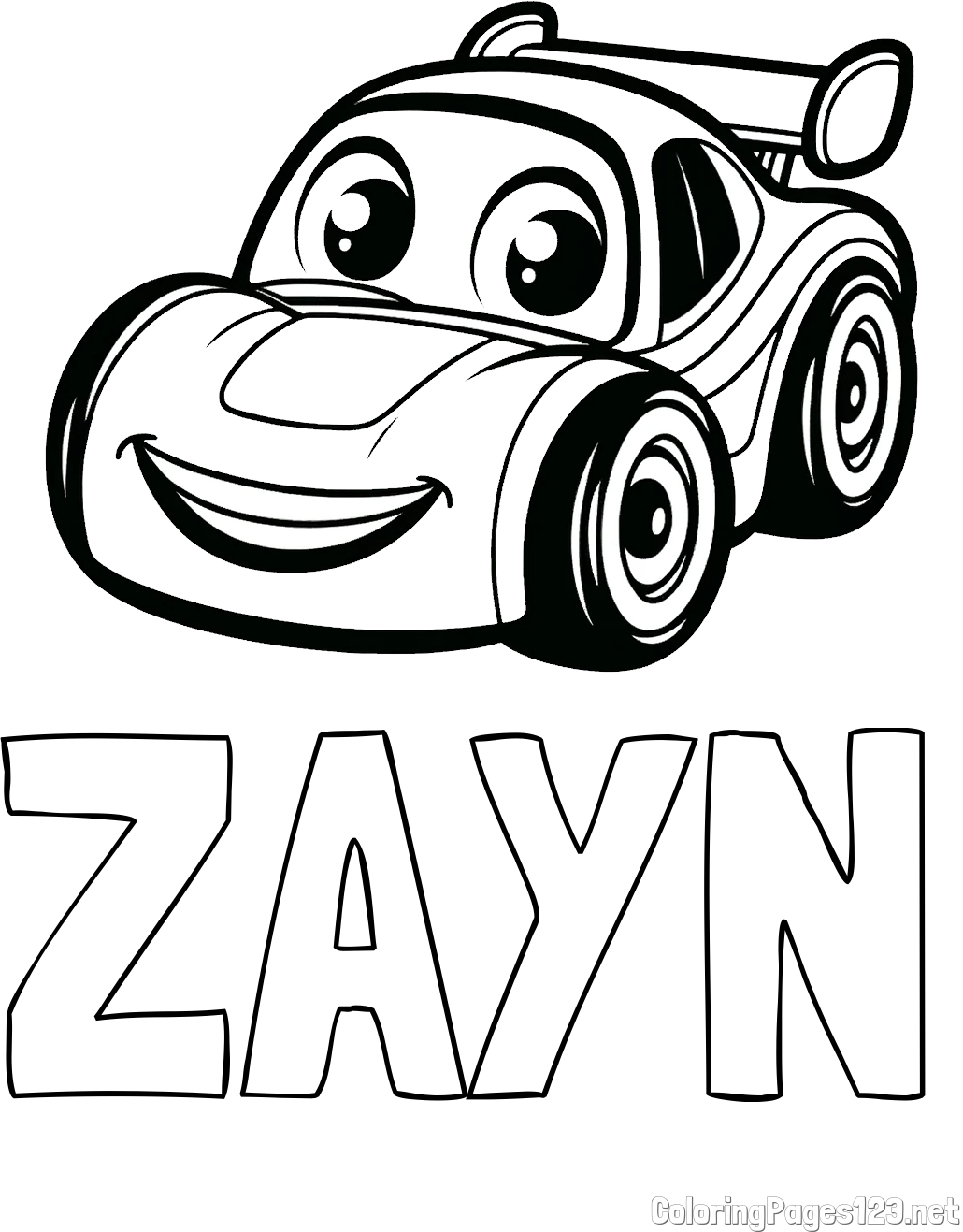 ZAYN Coloring Page and Children's Printable Coloring Page of a Racing Car