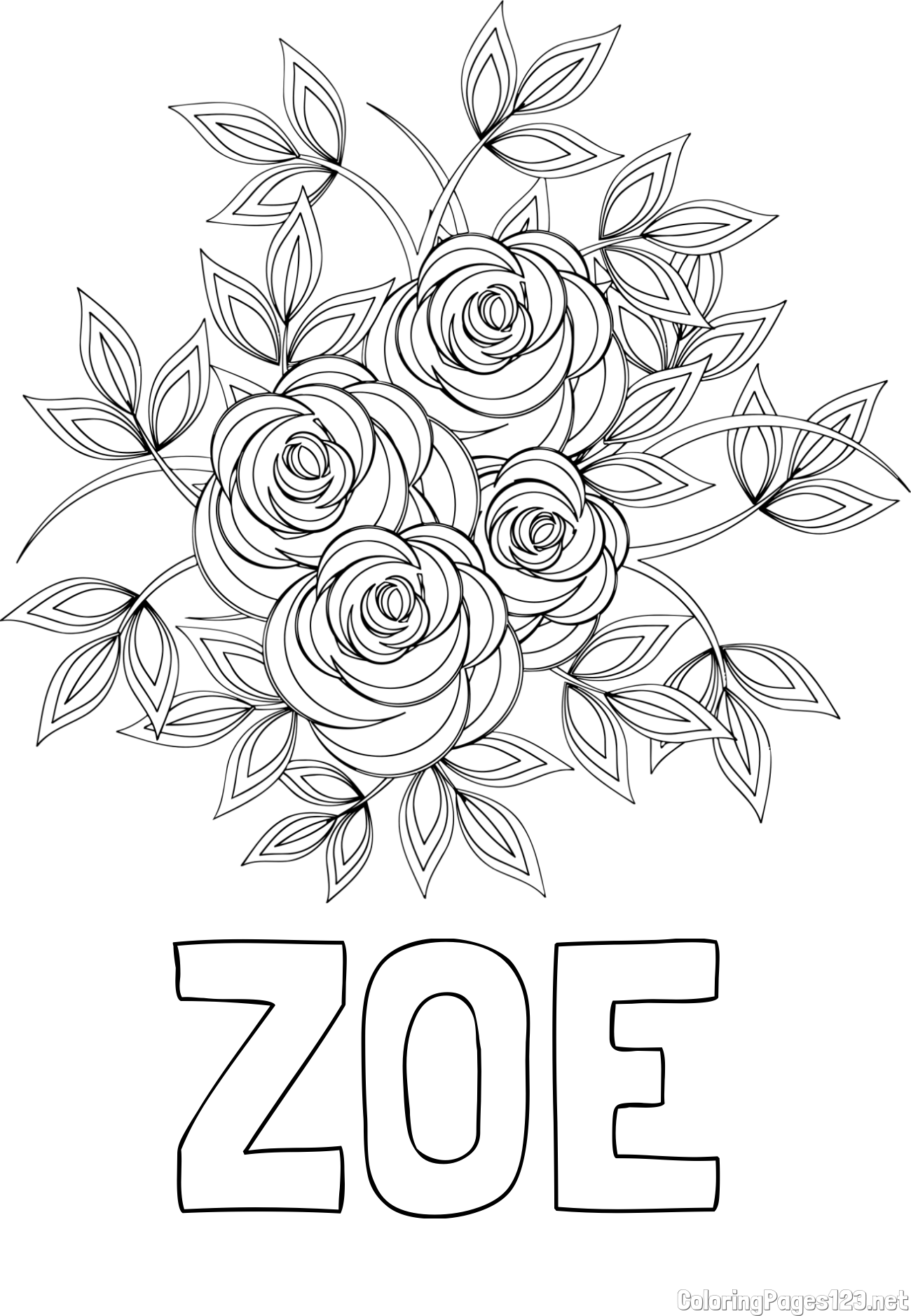 ZOE Coloring Page and Rose Mandala Coloring Page