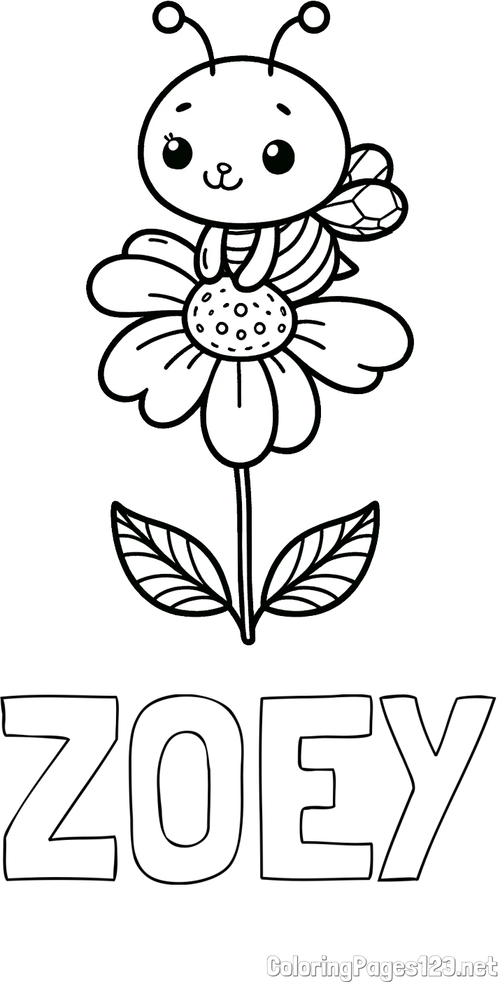 ZOEY Coloring Page and Coloring Page of a Cute Bee on a Flower