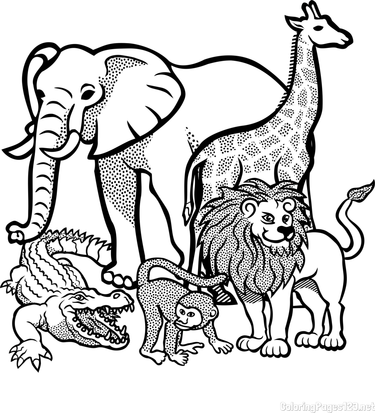 Zoo Animals Coloring Page - Elephant, Tiger, Monkey, and Crocodile
